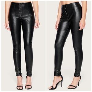 Black Leather Button Front Seamed Leggings